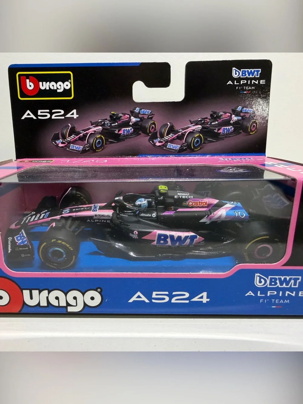 Bburago A524 BWT Alpine F1 Team Diecast Car - Pink & Blue with driver